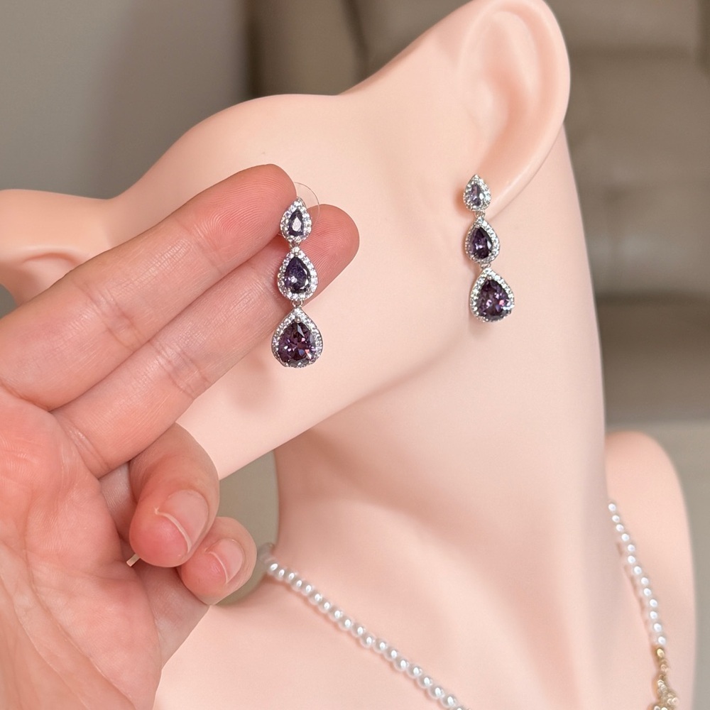 Classic Purple Drop Earrings With Cubic Zirconia - Picture 8 of 11